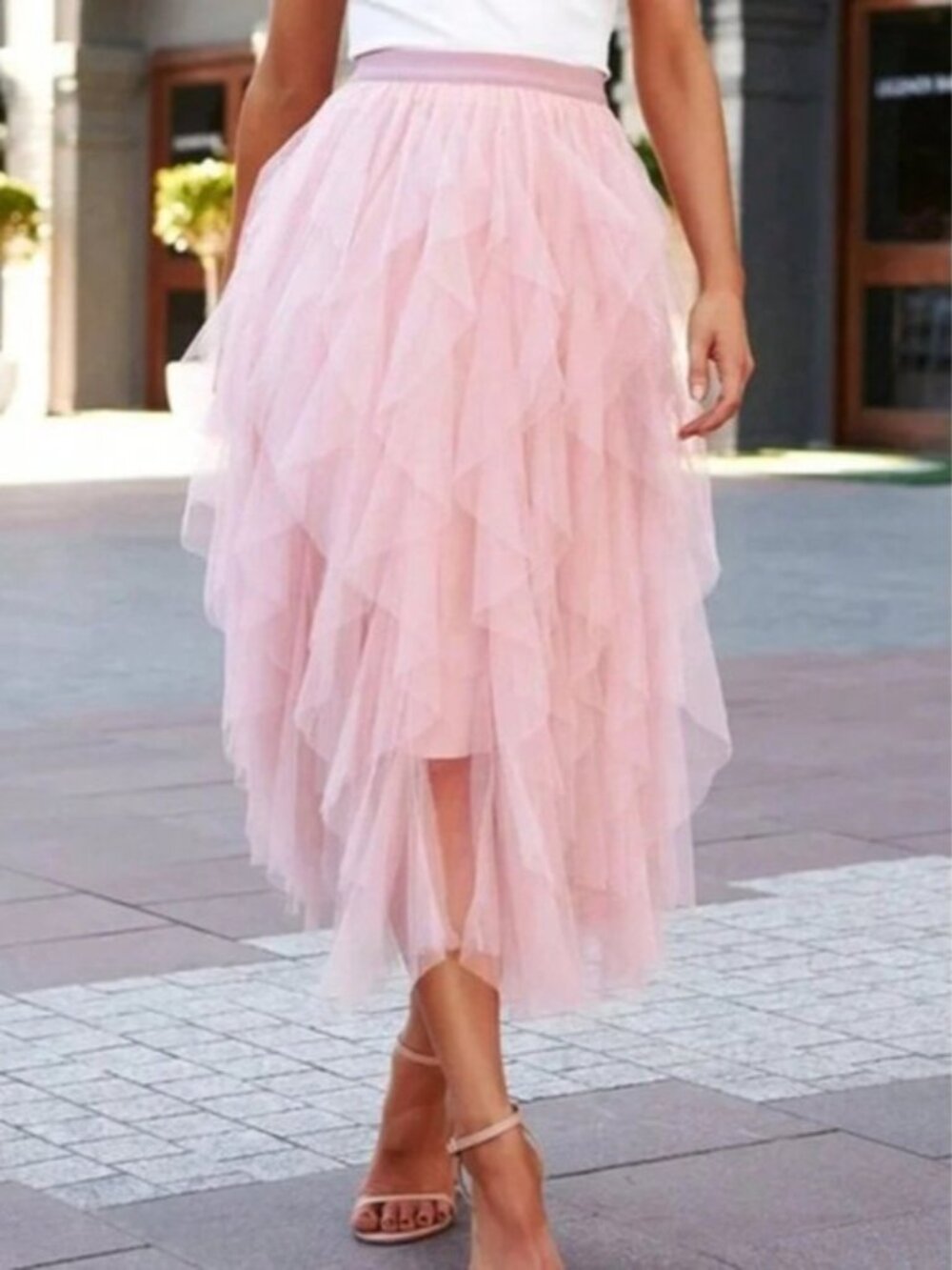 Dusty Pink Elegant Women's Layered Hem Mesh Overlay Skirt